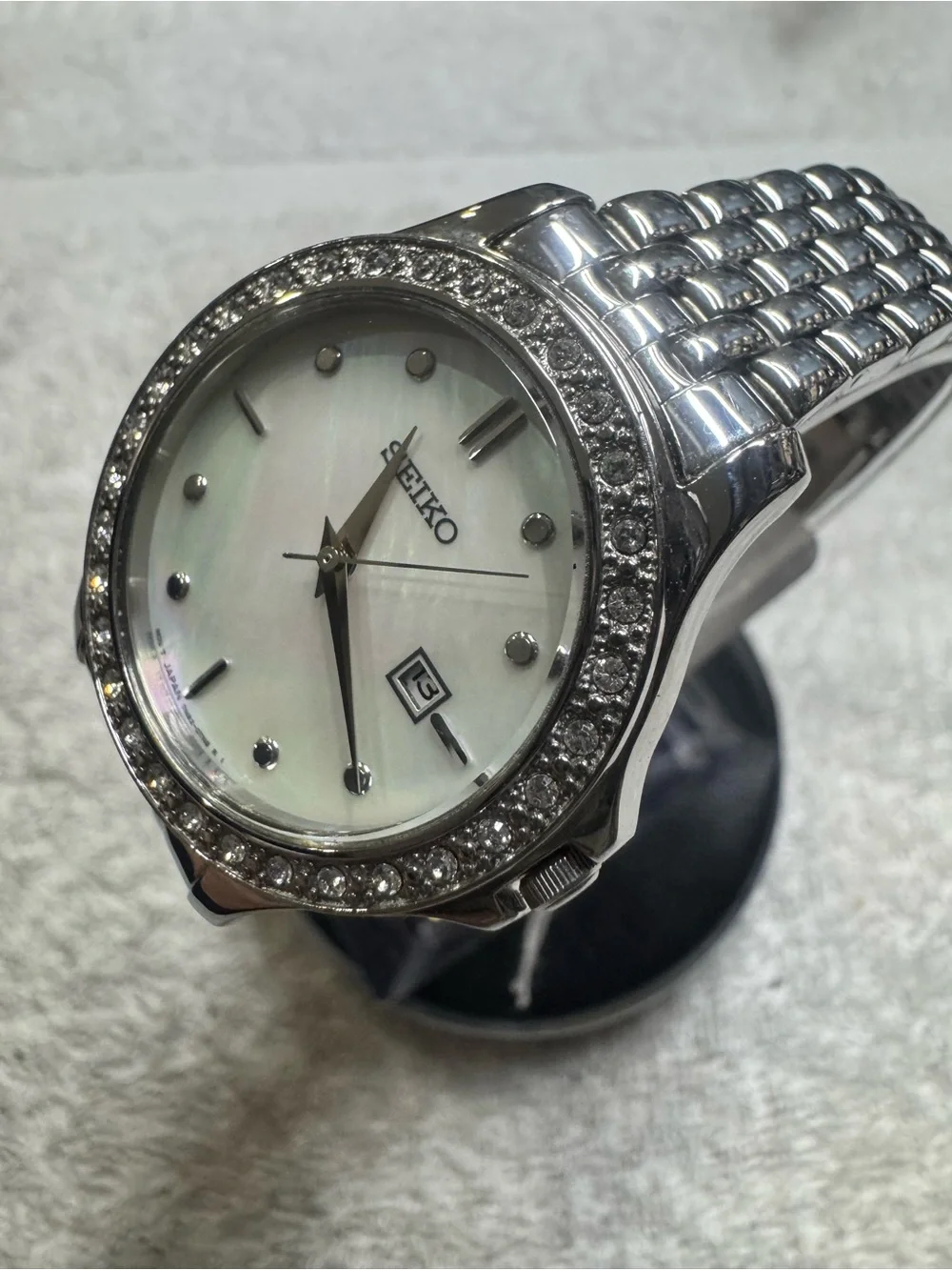 Seiko Silver and White Crystal-Trim Women's Bracelet Watch